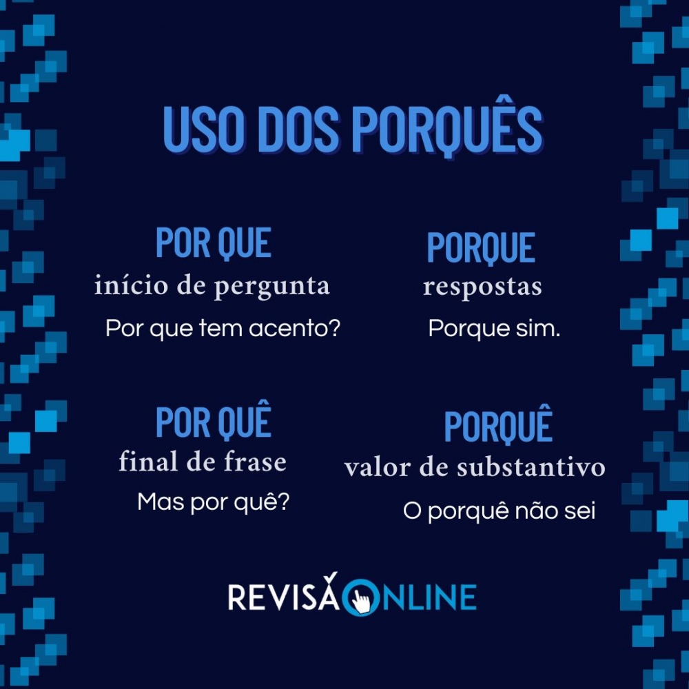 Por que: início de pergunta= POR QUE tem acento?
Porque: respostas= PORQUE sim
Por quê: final de frase= Mas POR QUÊ?
Porquê: valor de substantivo, indica motivo= O PORQUÊ não sei


